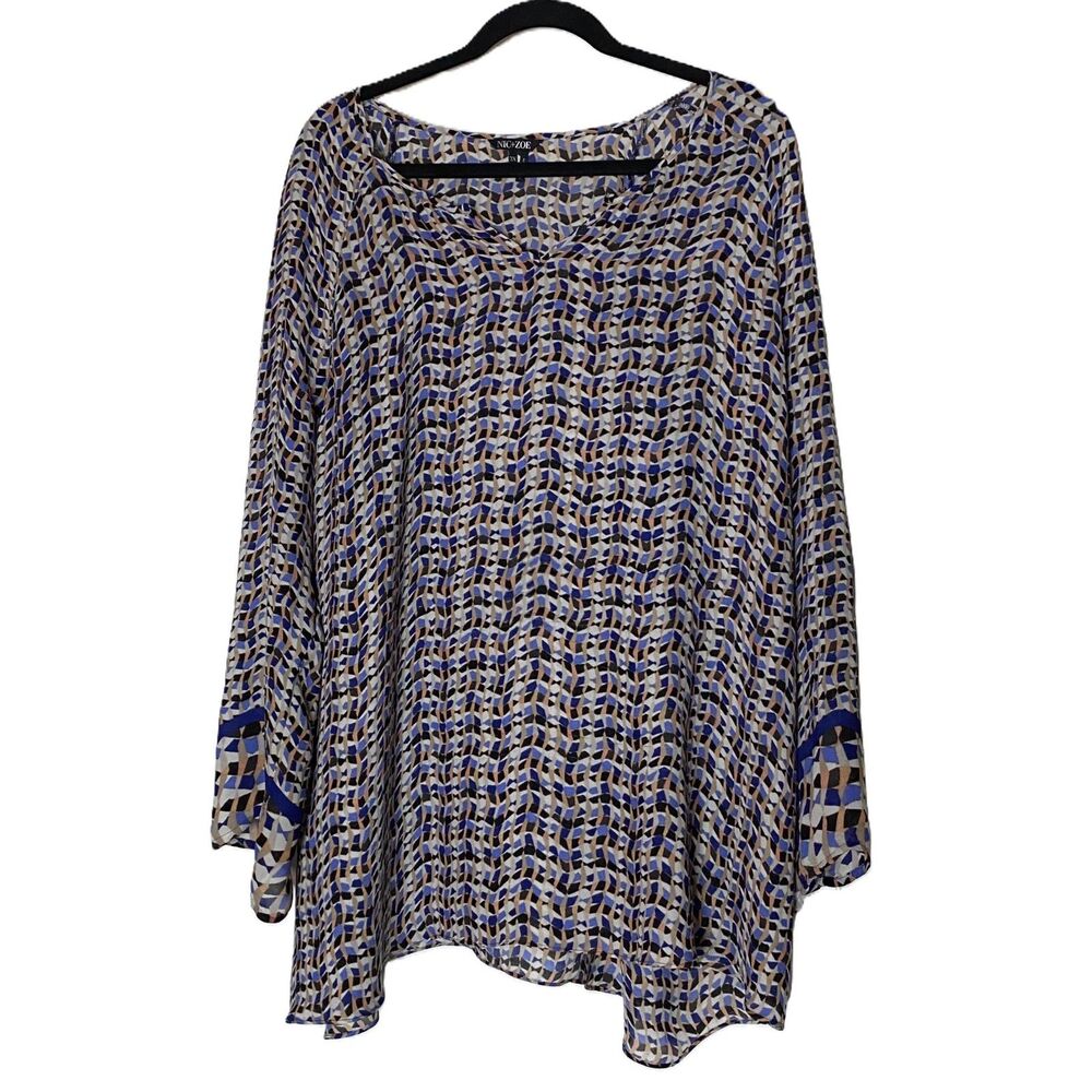 NIC+ZOE Geo Mosaic Print Blouse Size 2X Blue Orange Geometric V-Neck Top